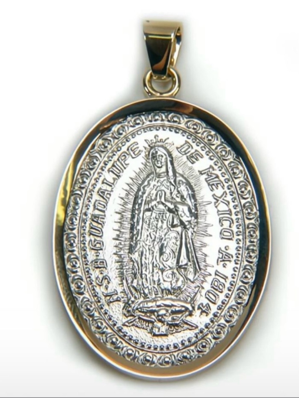 Gold And Silver Virgin Of Guadalupe Oval Pendant Necklace